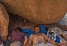 Kevin Fedarko and Pete McBride rest before hiking out early on their first leg of their sectional hike. McBride suffered hyponatremia, dangerously low salt levels.