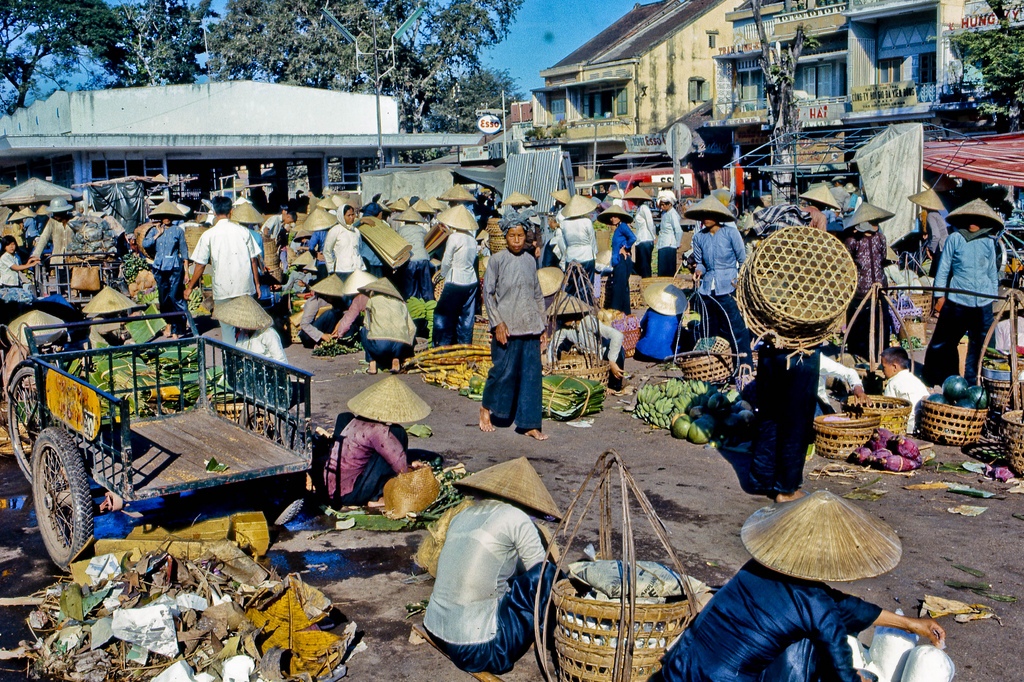 My Tho’s downtown market in Dinh Tuong Province, Vietnam, in the year 1969.