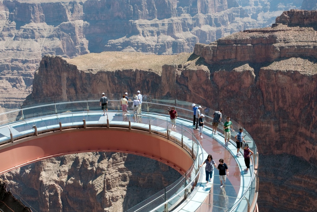Skywalk in Grand Canyon National Park at USA constructed transparent glass floor .