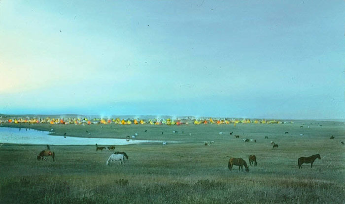 #3 Blackfeet Tribal Camp With Grazing Horses. Montana. Early 1900s. Glass Lantern Slide By Walter Mcclintock