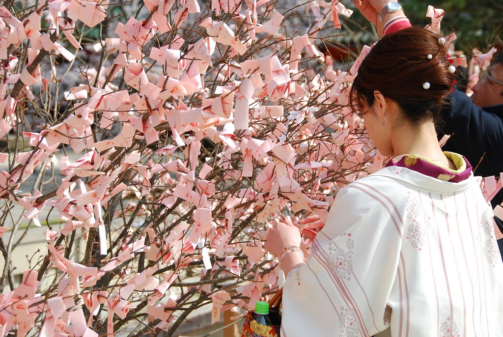 Omikuji fortune telling papers, pray at shrines, Japanese shrines, Japan