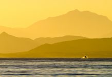 A humpback whale breaches the surface just before the sun heads over the Baja Peninsula.