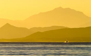 A humpback whale breaches the surface just before the sun heads over the Baja Peninsula.