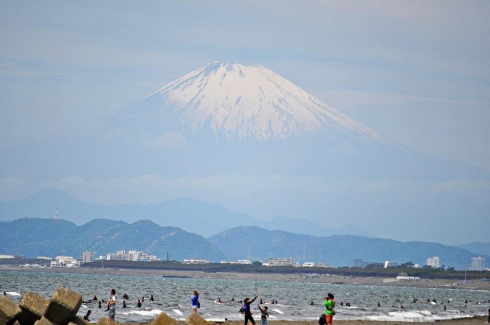 A view of Mount Fuji from the beach
