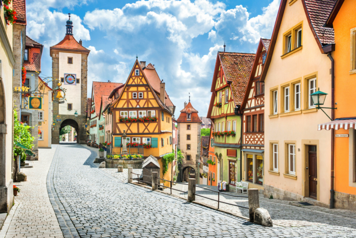 Beautiful postcard view of the famous historic town of Rothenburg ob der Tauber on a sunny