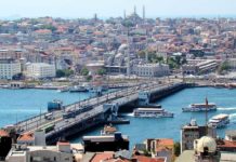 Galata Bridge Istanbul with Yeni Cami mosque, view from Galata Tower