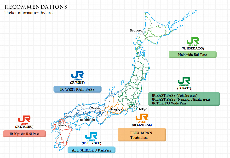 Map of Japan displaying Japan Rail and their respective areas of validity