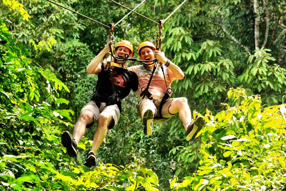 Duke and Wally on one of the two double ziplines at Flight of the Gibbon