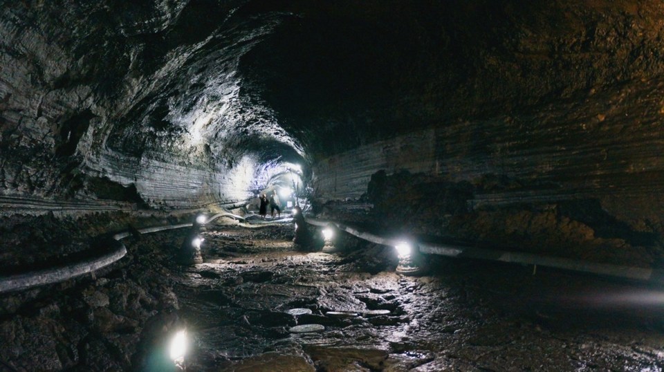 Manjanggul Lava-tube Cave showing interior views and caves