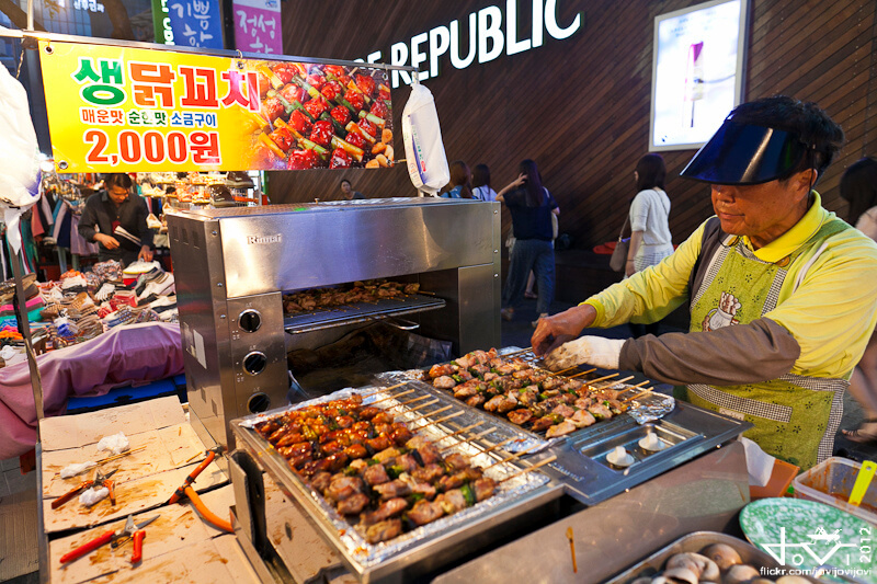 Korean street food takkochi chicken skewer