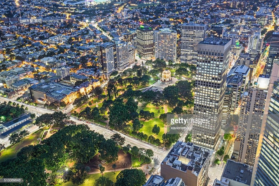 High view to Hyde Park, Sydney at night