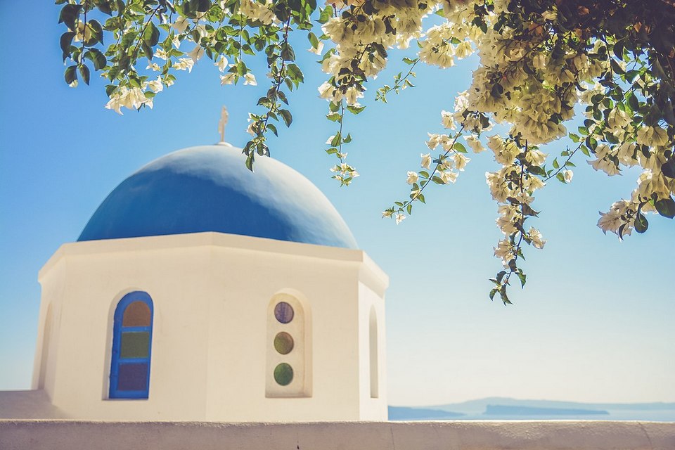 Three Bells of Fira, blue dome, white buildings, Santorini, Greece