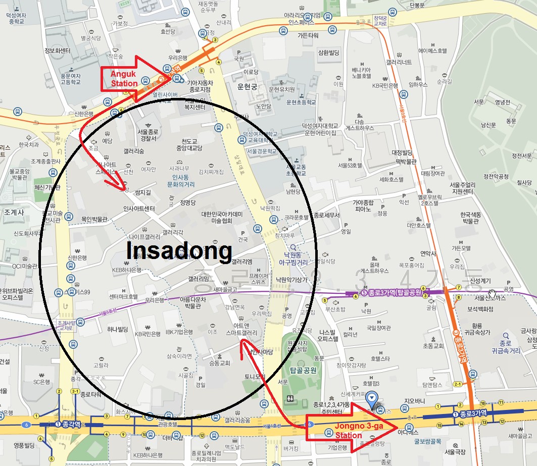 Walking Direction to Insadong from Anguk Station and Jongno3-ga Station