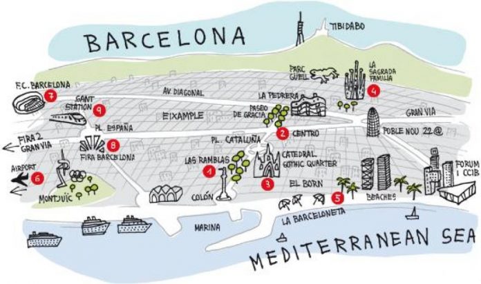 Map Of Barcelona Showing Tourist Attractions 696x412 