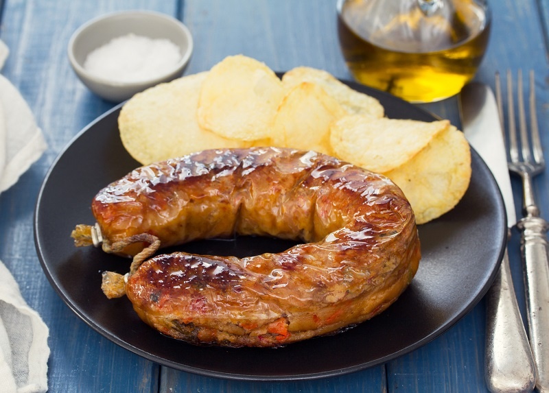 fried vegetarian smoked sausage with chips